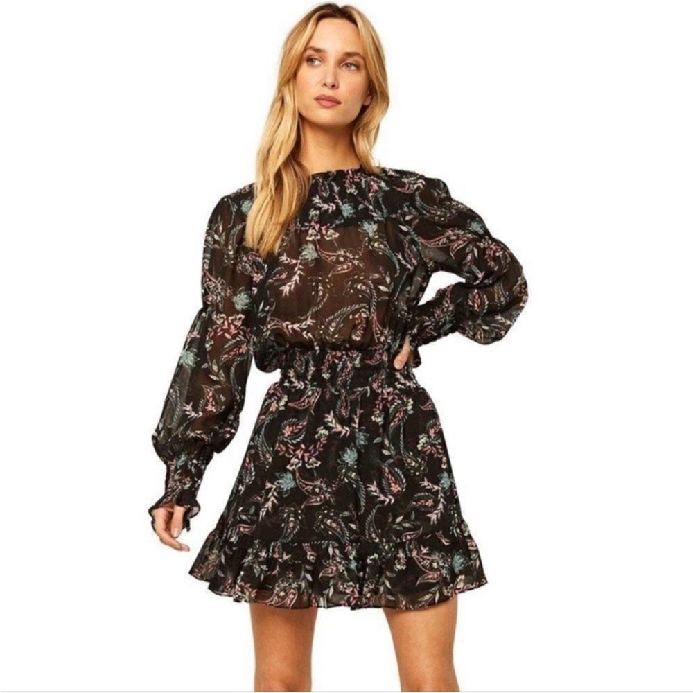 MISA Black Paisley Smocked Waist Black Mini Dress size S